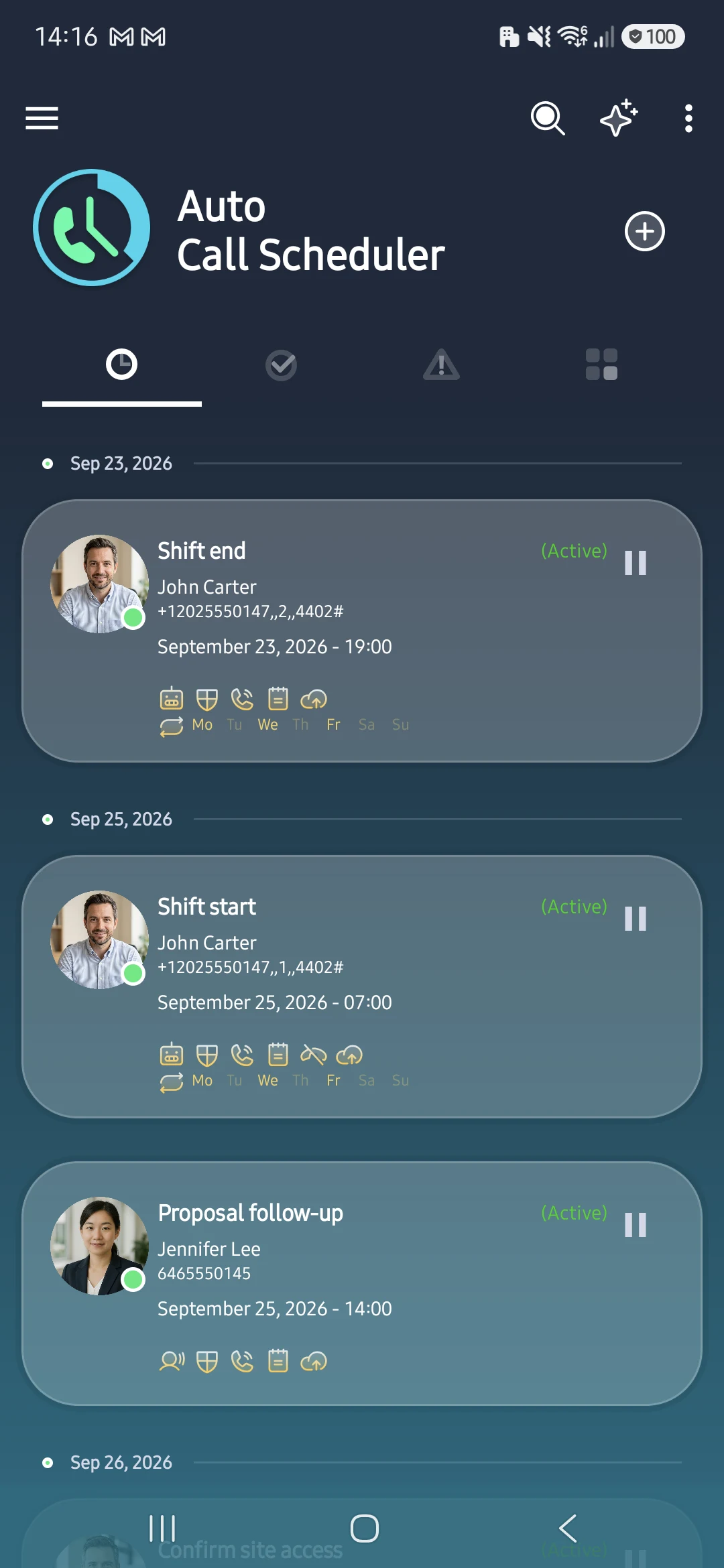 Auto Call Scheduler home screen listing active scheduled calls with contact photos