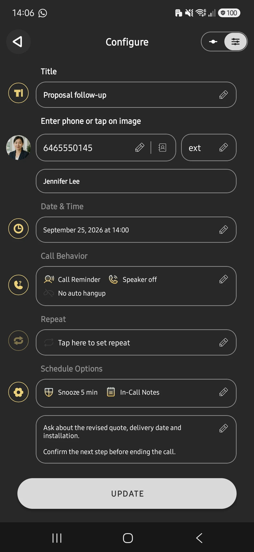 Proposal follow-up schedule with a note about the quote, delivery date and installation
