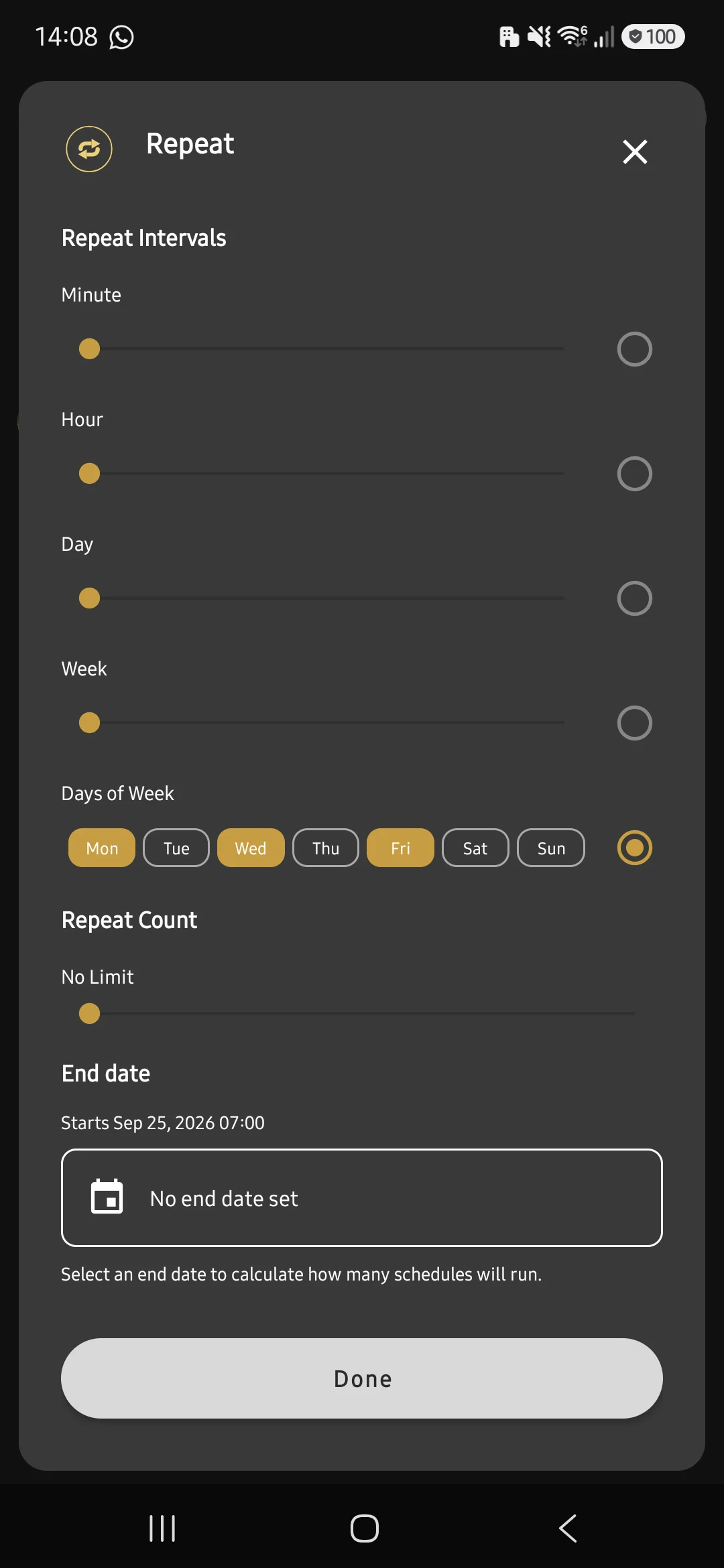 Repeat settings with Monday, Wednesday and Friday selected