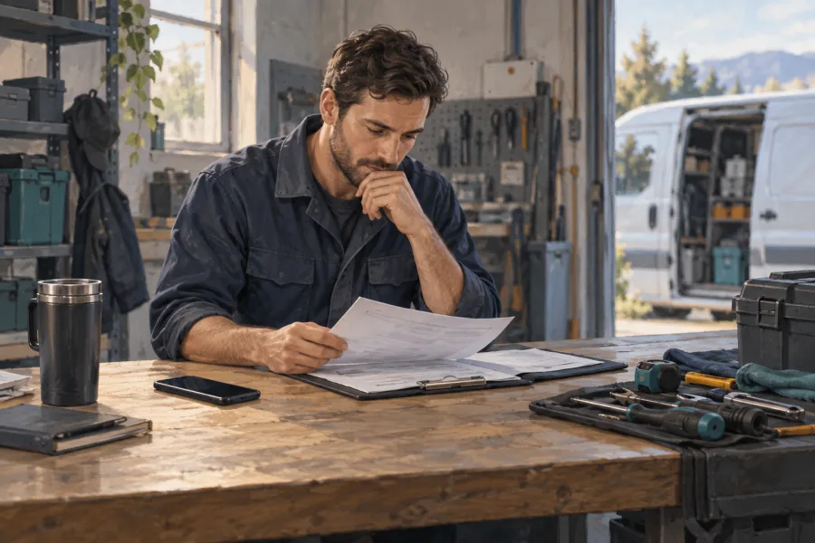 Illustration of a technician reviewing a job sheet at a workbench with a phone and tools nearby.