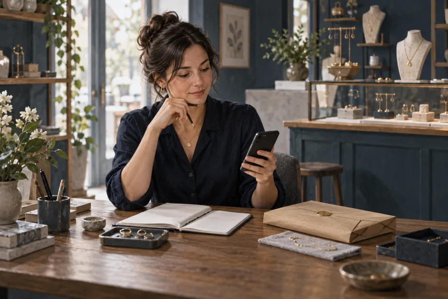 Illustration of a jewelry retailer preparing a customer call beside an order envelope at her shop.