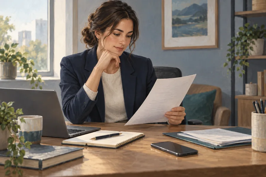 Illustration of a sales professional reviewing a quote with a phone and notebook on her desk.