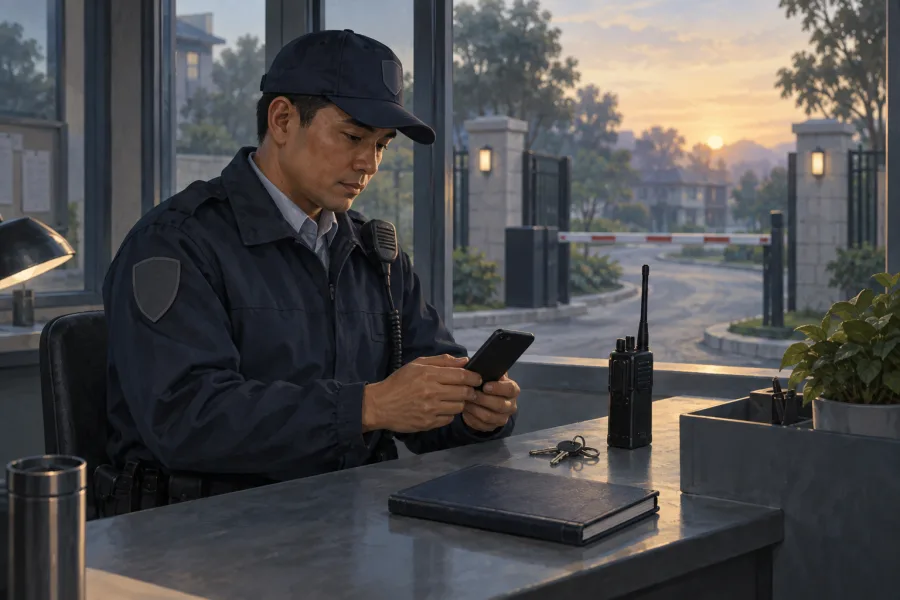 Illustration of a security officer preparing a phone call at a gatehouse desk, beside a radio and shift book.